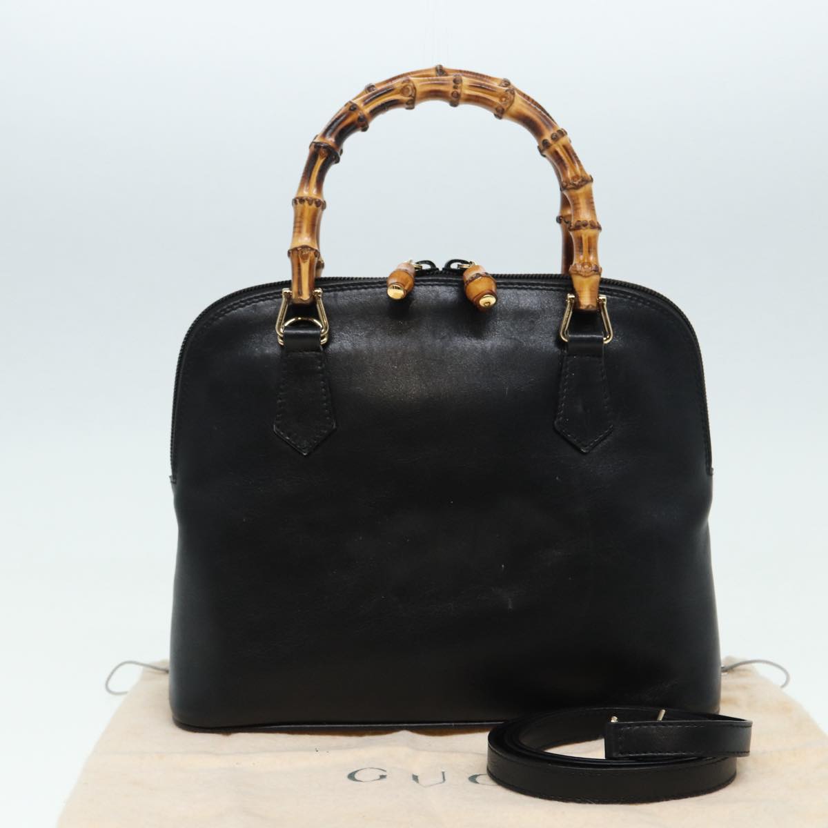 GUCCI Bamboo Hand Bag Leather 2way Black 000 2122 0290 Auth bs16039