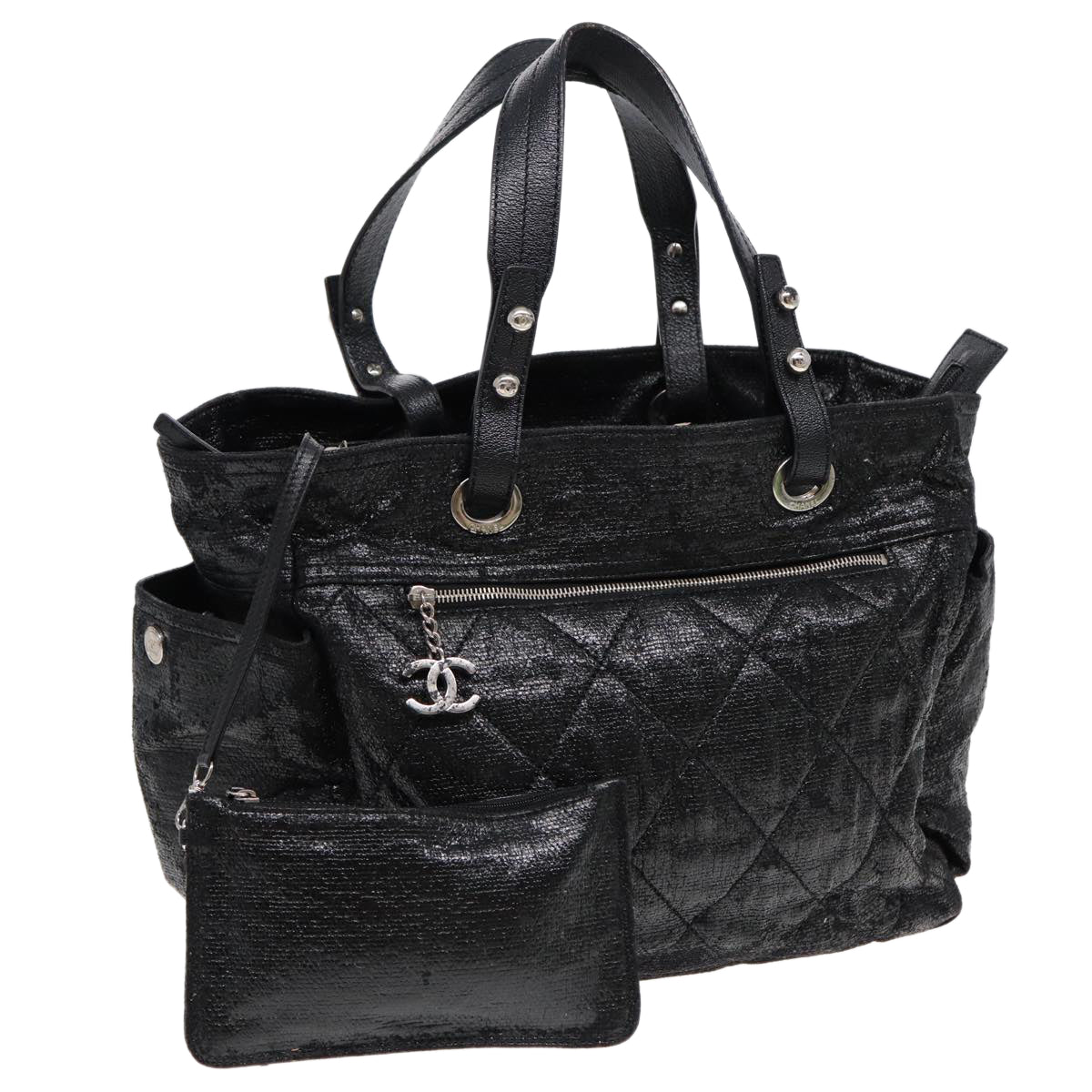 CHANEL Paris Via Ritz Tote GM Tote Bag Coated Canvas Black CC Auth bs16055