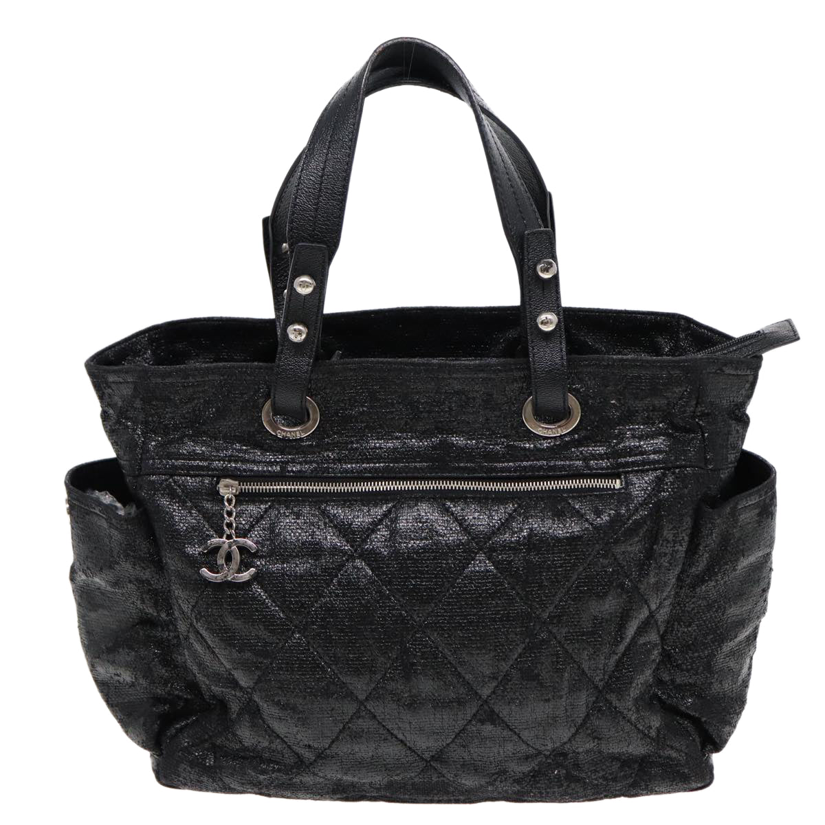 CHANEL Paris Via Ritz Tote GM Tote Bag Coated Canvas Black CC Auth bs16055 - 0