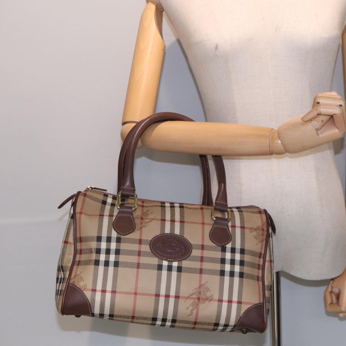 BURBERRY Nova Check Hand Bag PVC Leather 2way Beige Auth bs16056