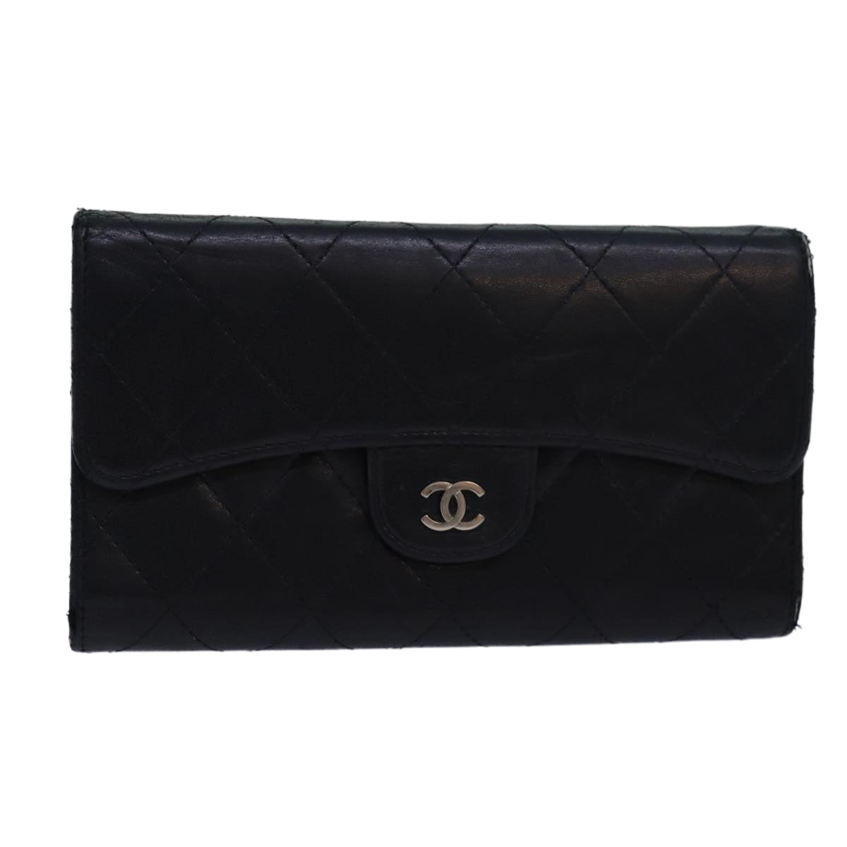 CHANEL Matelasse Long Wallet Lamb Skin Black CC Auth bs16070