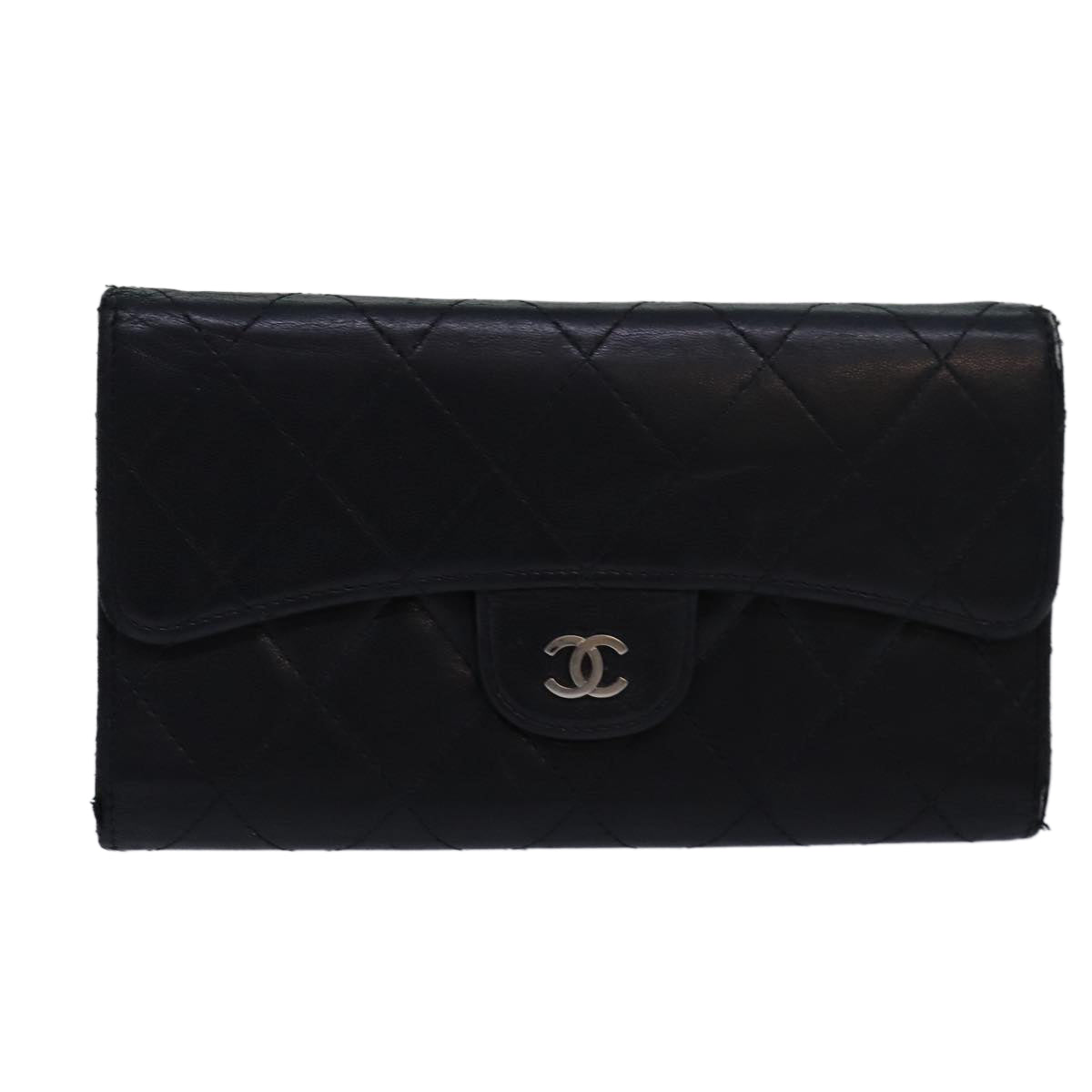 CHANEL Matelasse Long Wallet Lamb Skin Black CC Auth bs16070