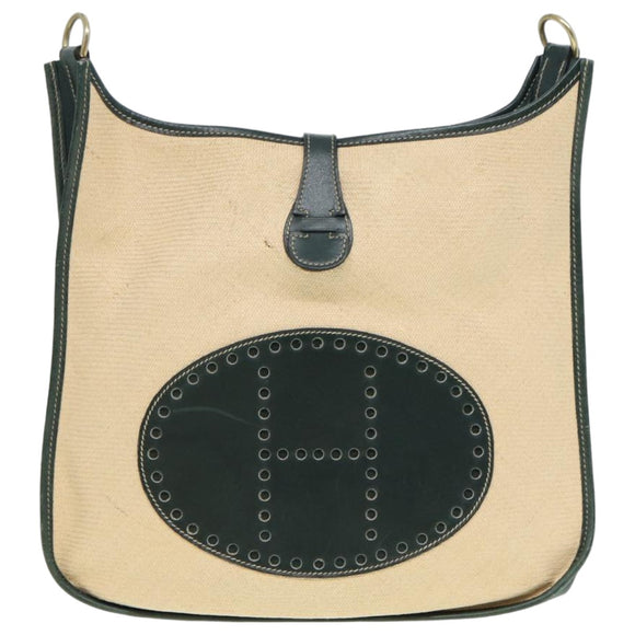 HERMES Evelyn GM1 Shoulder Bag Straw Leather Beige Green Auth bs16091