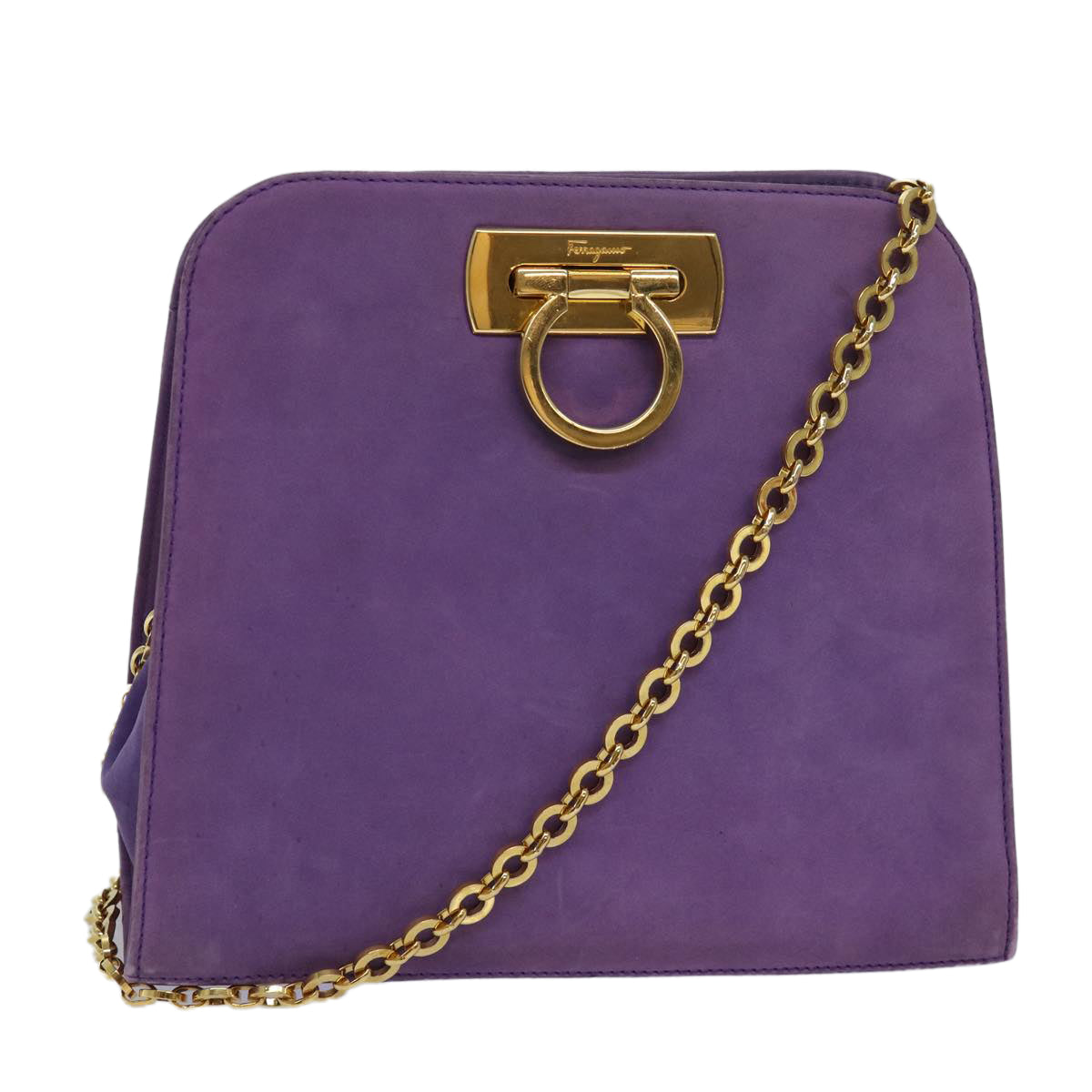 Salvatore Ferragamo Gancini Chain Shoulder Bag Suede Purple Auth bs16094