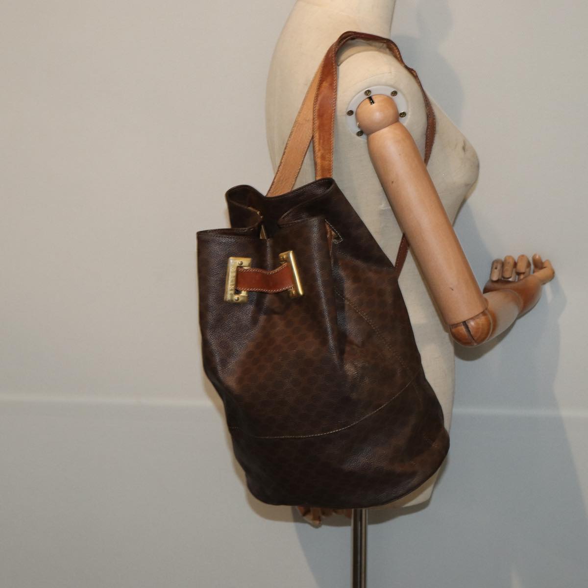 CELINE Macadam Canvas Shoulder Bag PVC Leather Brown Auth bs16095