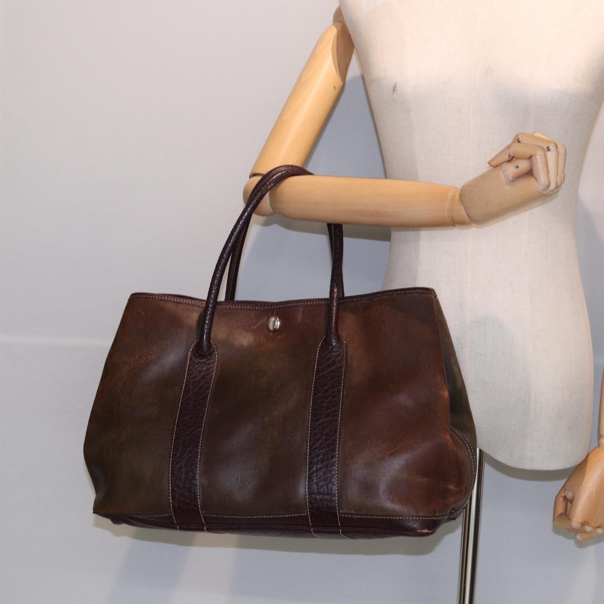 HERMES Garden party PM Hand Bag Leather Brown Auth bs16113