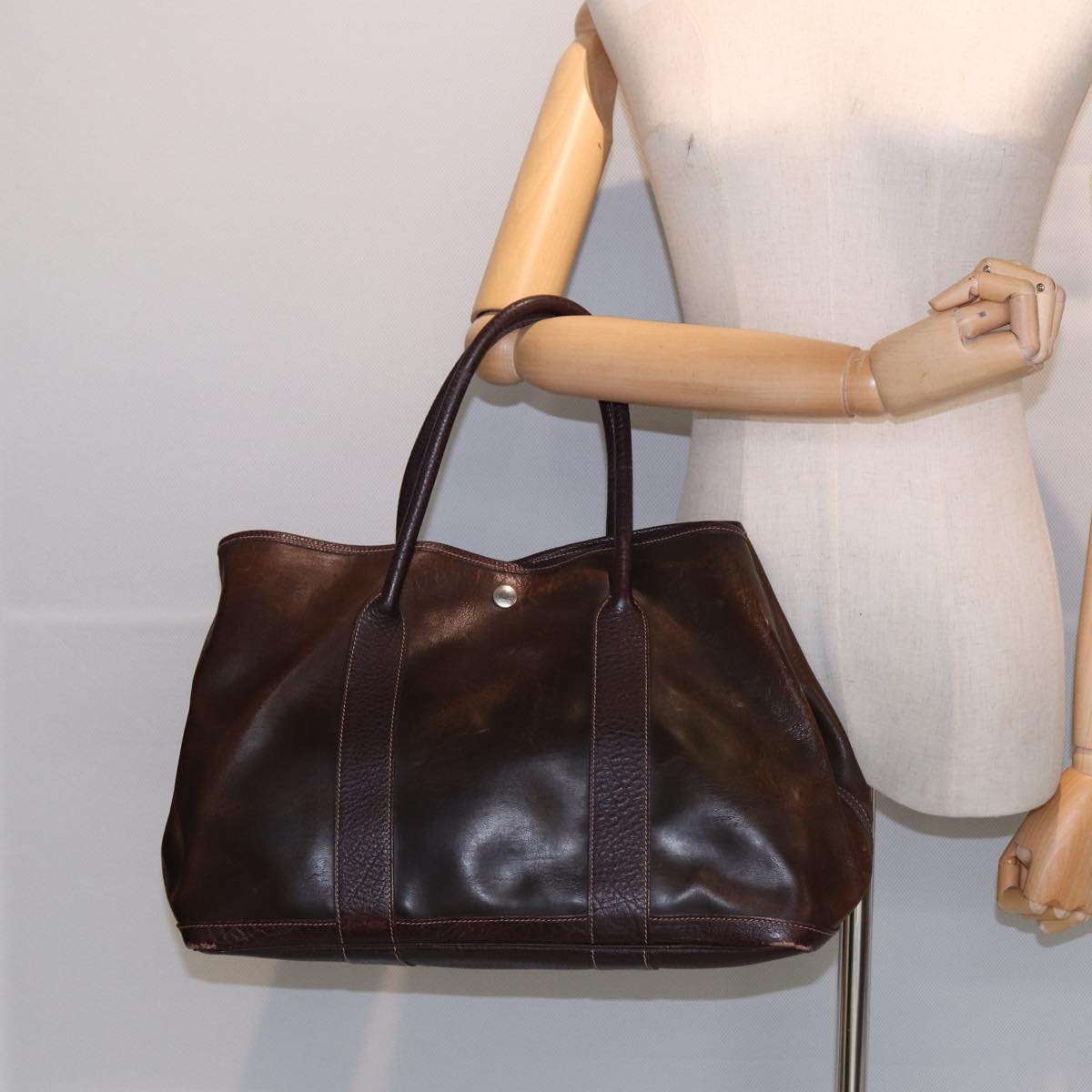 HERMES Garden party PM Hand Bag Leather Brown Auth bs16114