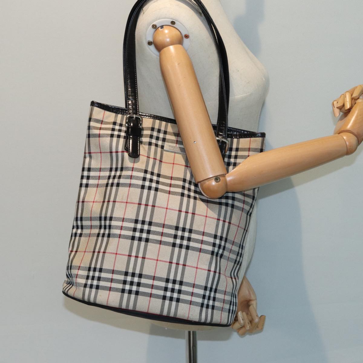 BURBERRY Nova Check Tote Bag Nylon Beige Black Auth bs16148