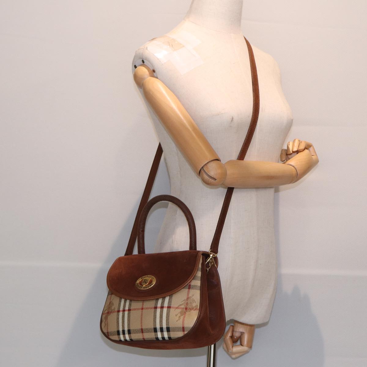 BURBERRY Nova Check Hand Bag PVC Leather 2way Beige Auth bs16159