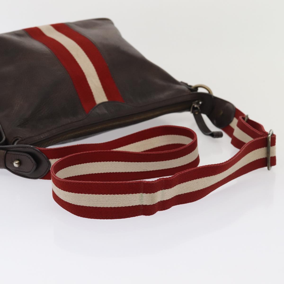 BALLY Shoulder Bag Leather Brown Red white Auth bs16242