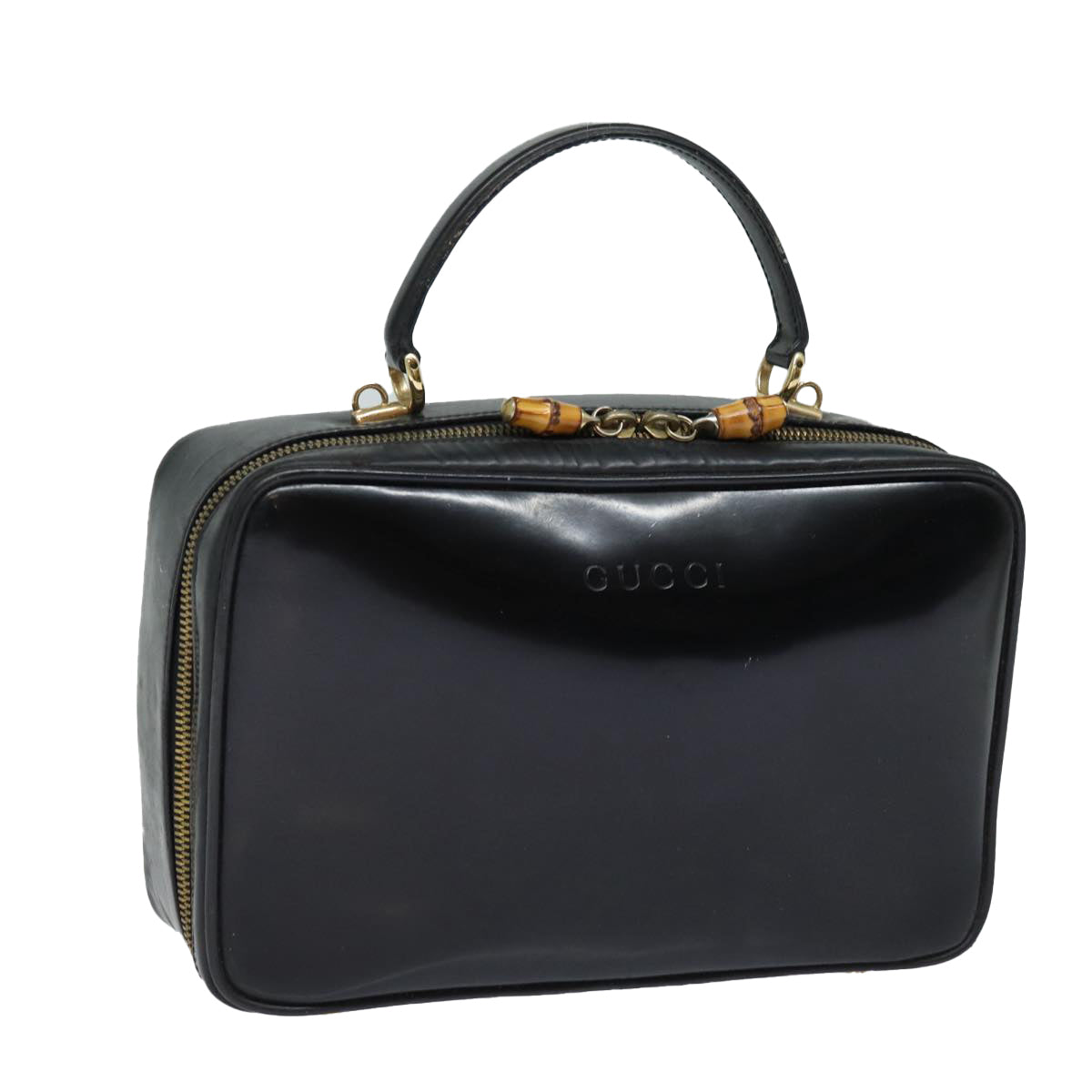 GUCCI Bamboo Vanity Hand Bag Patent leather Black Auth bs16299