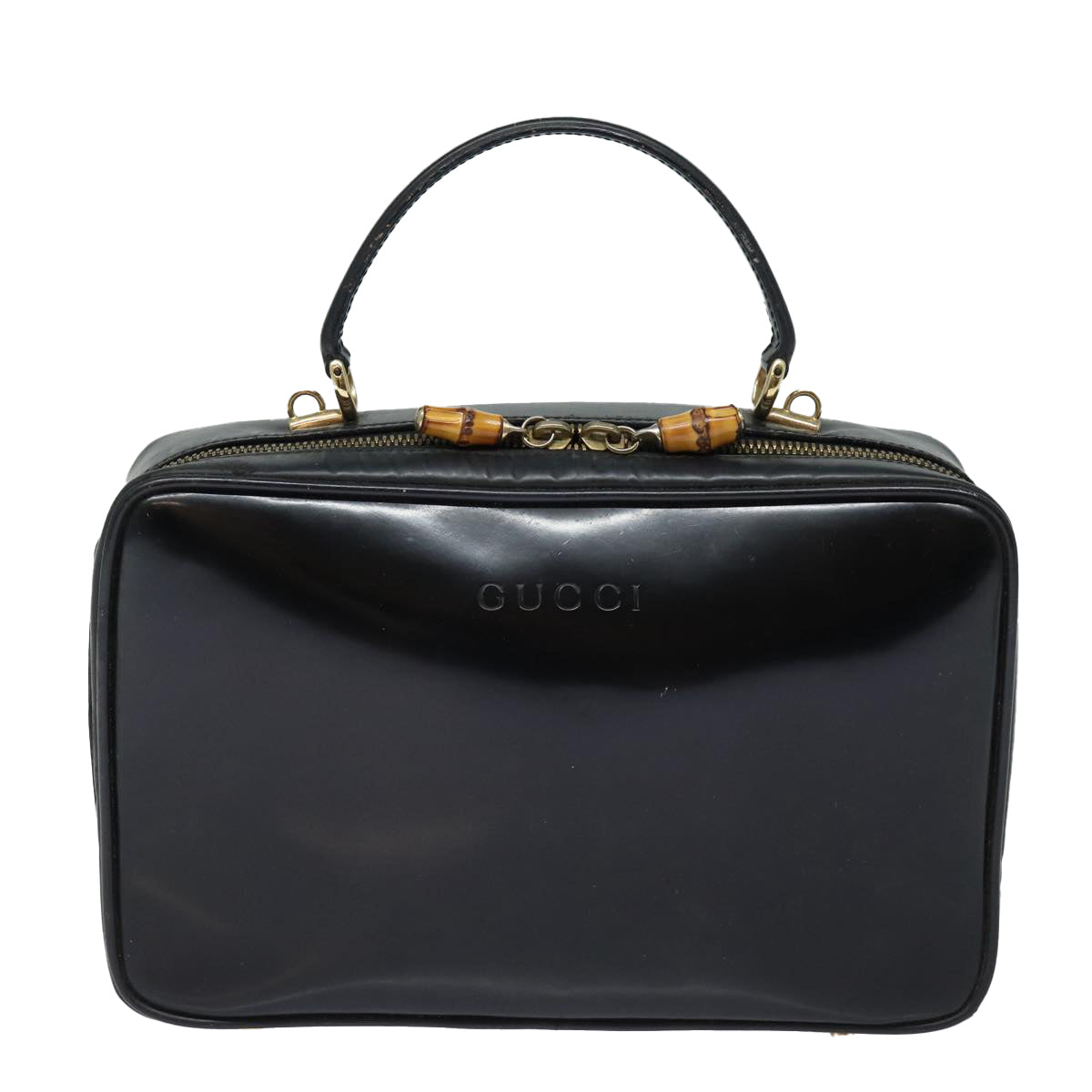 GUCCI Bamboo Vanity Hand Bag Patent leather Black Auth bs16299