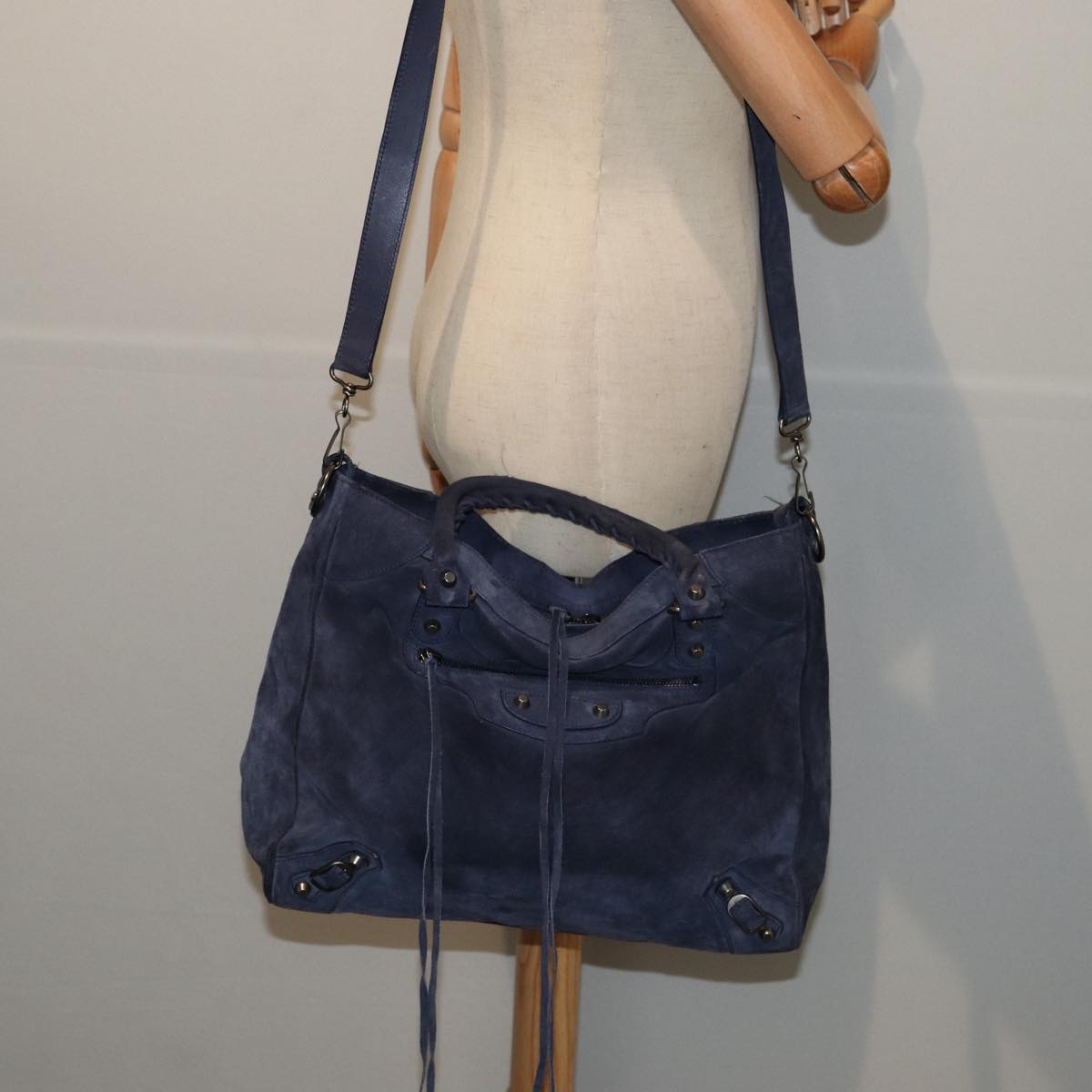 BALENCIAGA The Vero Hand Bag Suede 2way Navy 235216 Auth bs16308