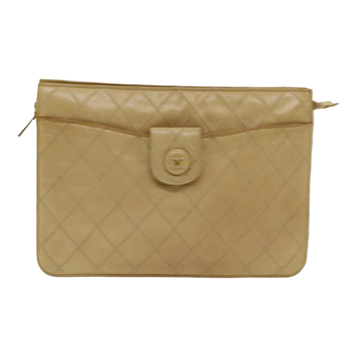 CHANEL Bicolore Clutch Bag Leather Beige CC Auth bs16340