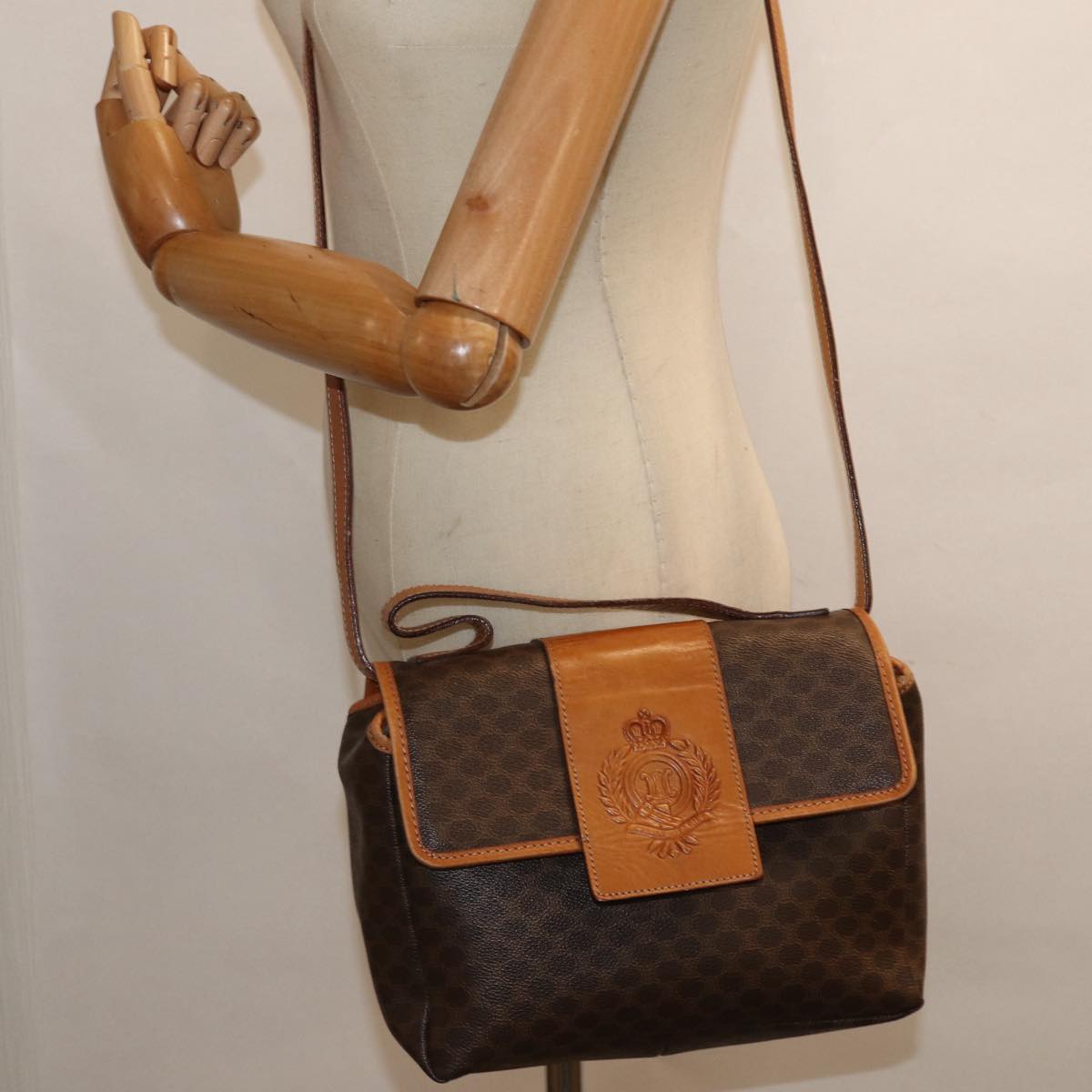 CELINE Macadam Canvas Hand Bag PVC Leather 2way Brown Auth bs16341