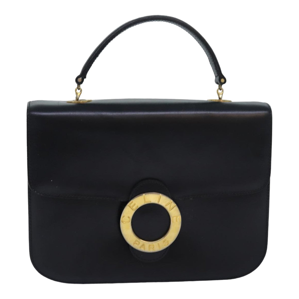 CELINE Circle Hand Bag Leather Black Auth bs16343