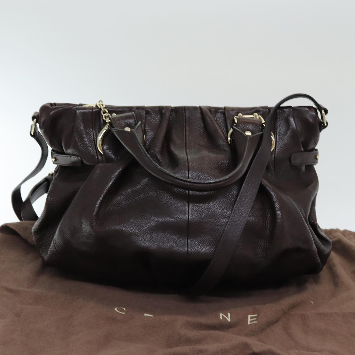 CELINE Shoulder Bag Leather 2way Brown Auth bs16344