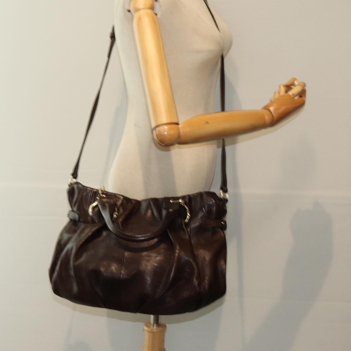 CELINE Shoulder Bag Leather 2way Brown Auth bs16344