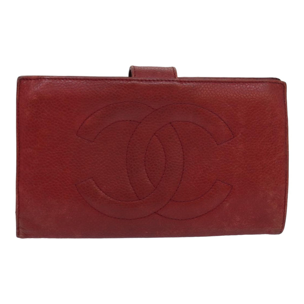 CHANEL COCO Mark Wallet Lamb Skin Red CC Auth bs16358