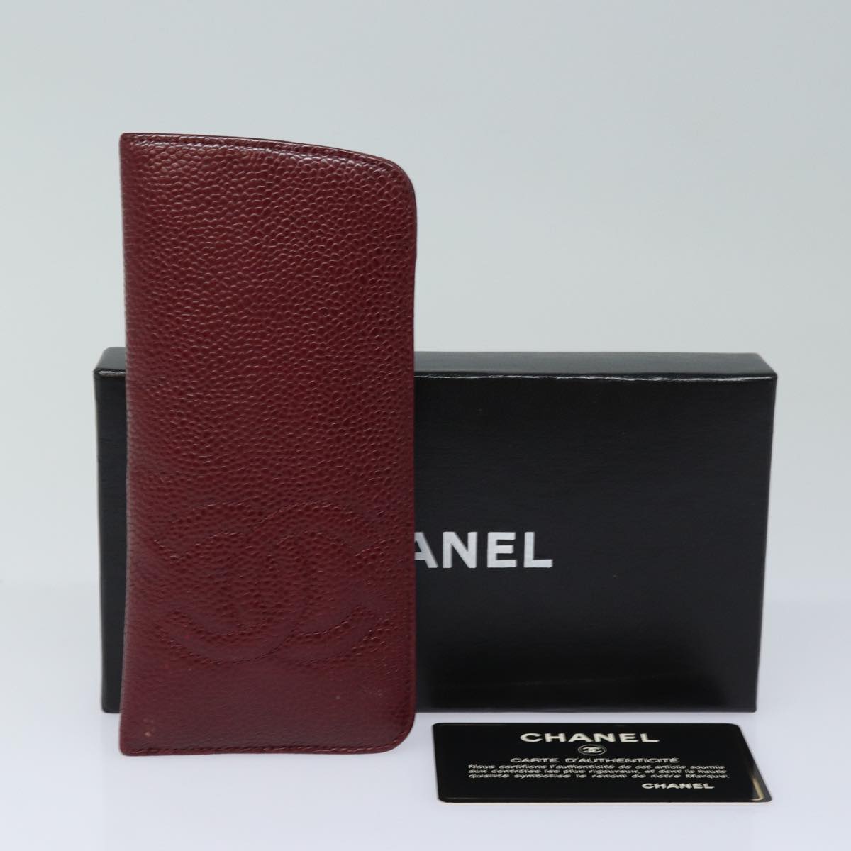 CHANEL Glasses Case Caviar Skin Bordeaux CC Auth bs16462