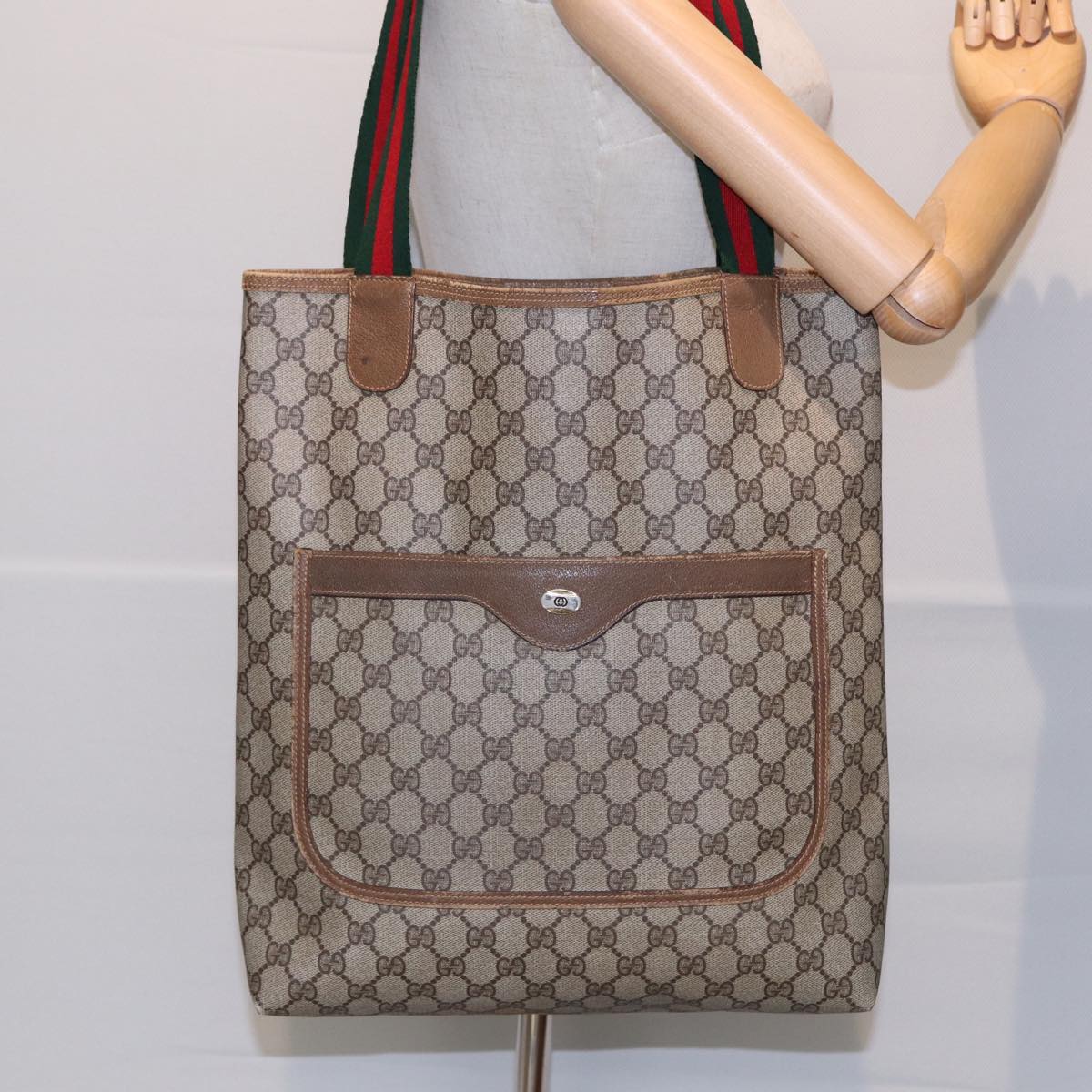 GUCCI GG Canvas Tote Bag Web Sherry Line Beige 39 02 003 Auth bs16482