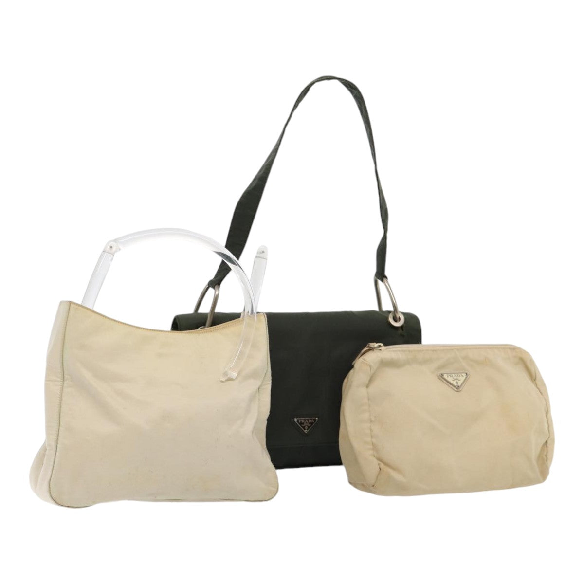 PRADA Pouch Shoulder Bag Nylon 3Set Khaki Cream Auth bs16503