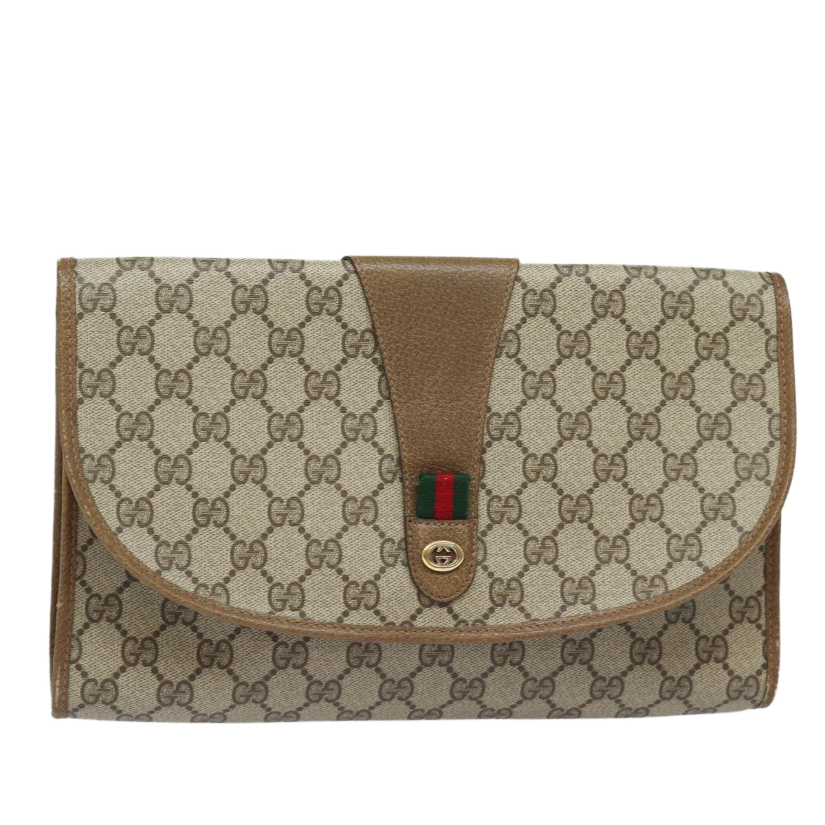 GUCCI GG Supreme Web Sherry Line Clutch Bag Beige Gold 89 01 031 Auth bs16531