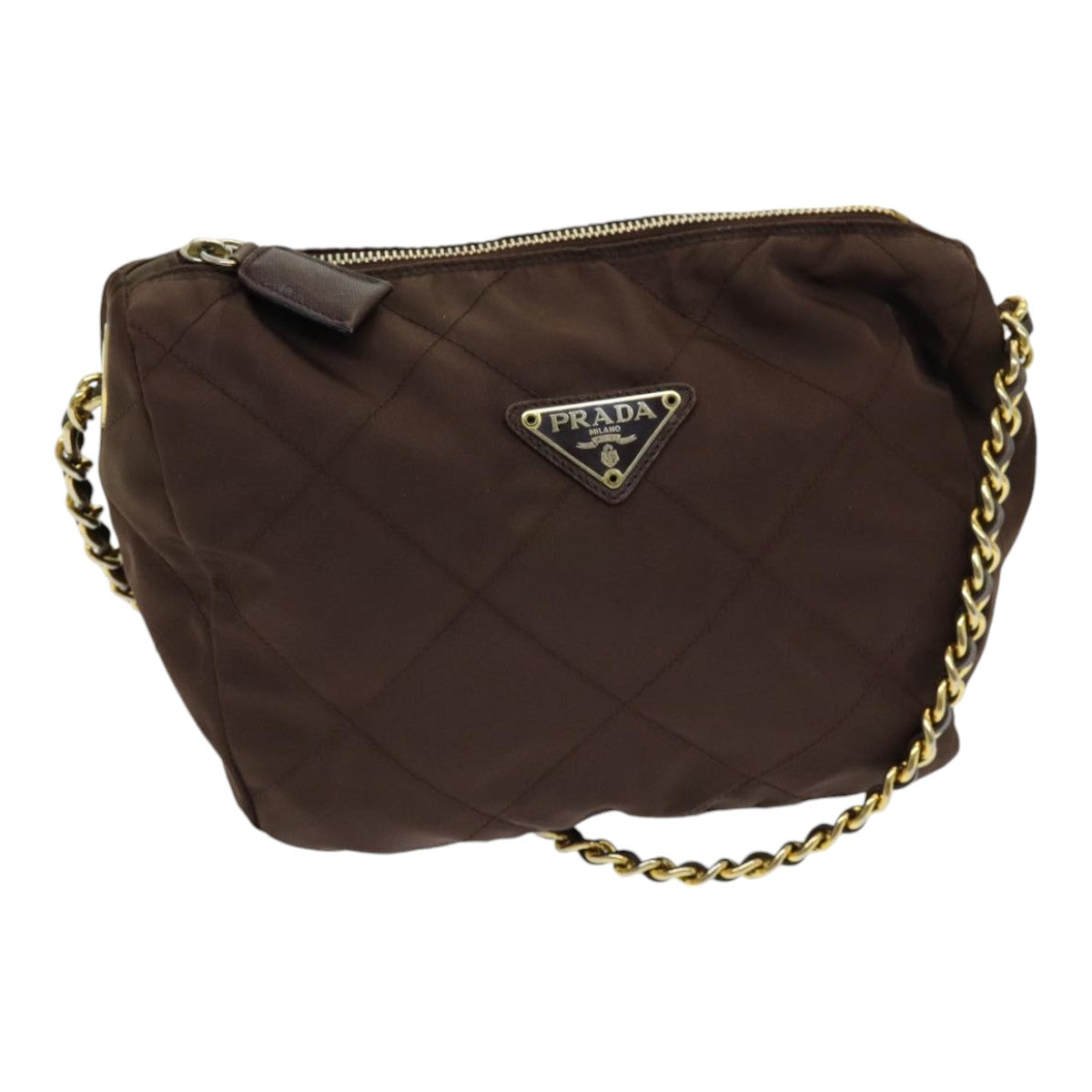 PRADA Chain Shoulder Bag Nylon Brown Gold Auth bs16536