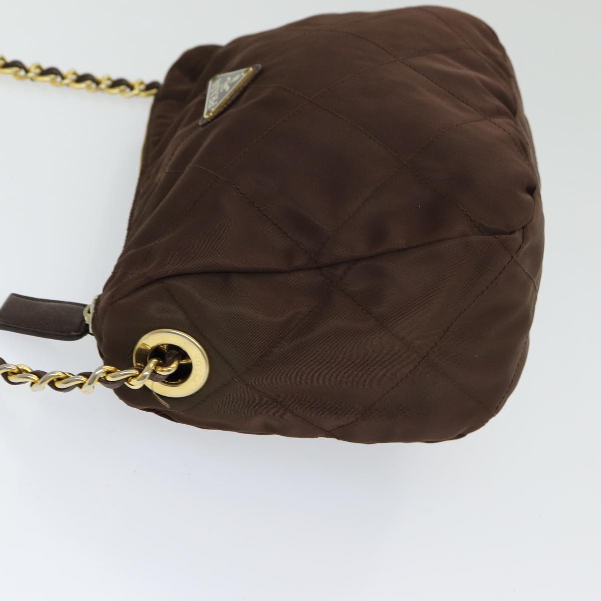 PRADA Chain Shoulder Bag Nylon Brown Gold Auth bs16536