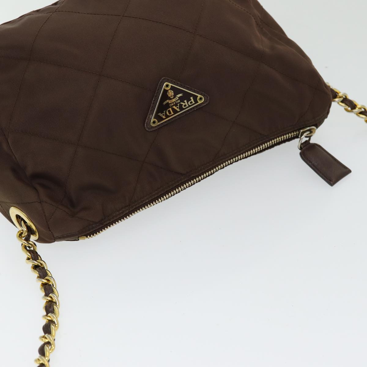 PRADA Chain Shoulder Bag Nylon Brown Gold Auth bs16536