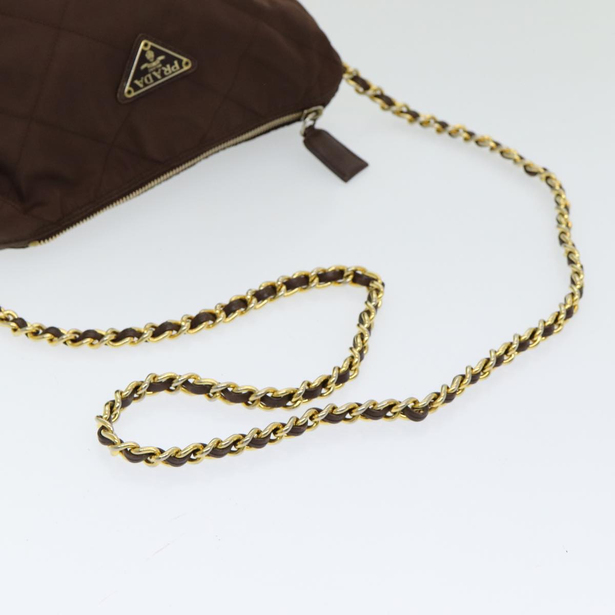 PRADA Chain Shoulder Bag Nylon Brown Gold Auth bs16536