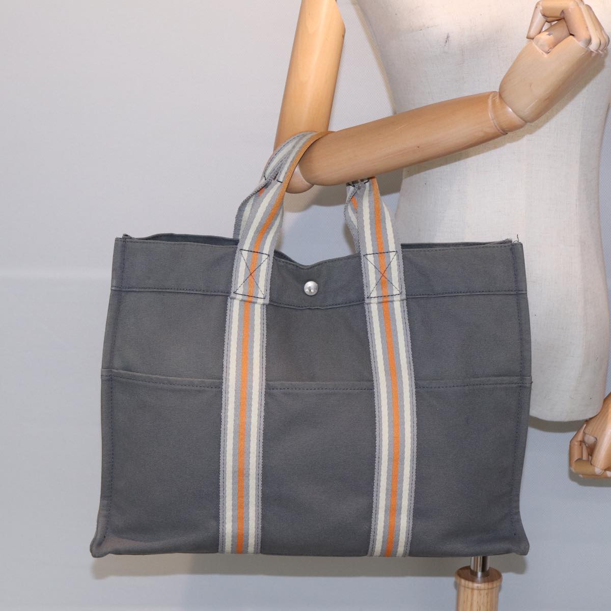 HERMES Fourre Tout MM Tote Bag Canvas Gray Silver Auth bs16559