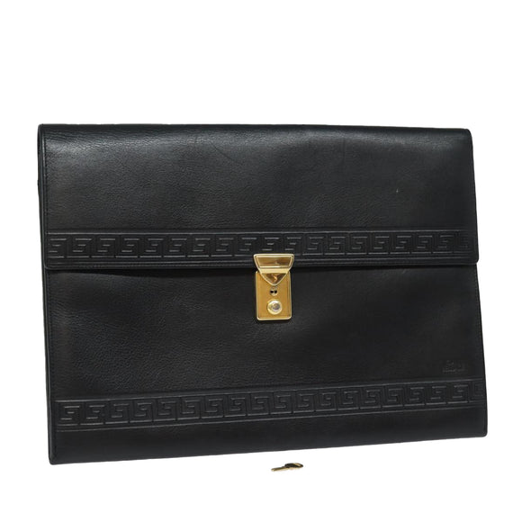 Gianni Versace Document Case Business Bag Leather Black Gold Auth bs16564