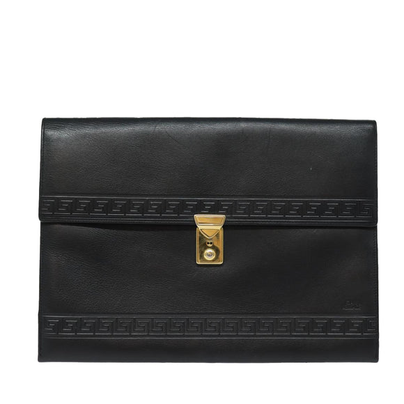 Gianni Versace Document Case Business Bag Leather Black Gold Auth bs16564