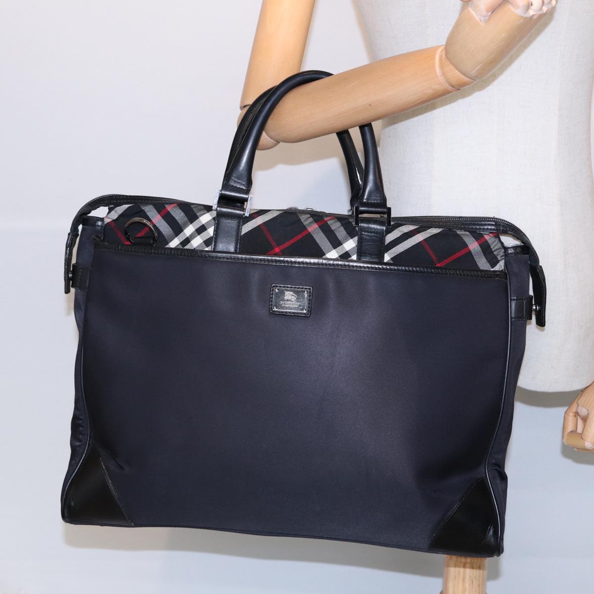 BURBERRY Black label Hand Bag Nylon Black Silver Auth bs16578