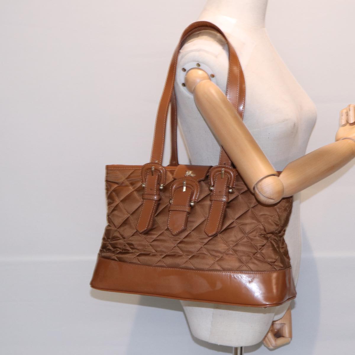 BURBERRY Tote Bag Nylon Brown Gold Auth bs16581