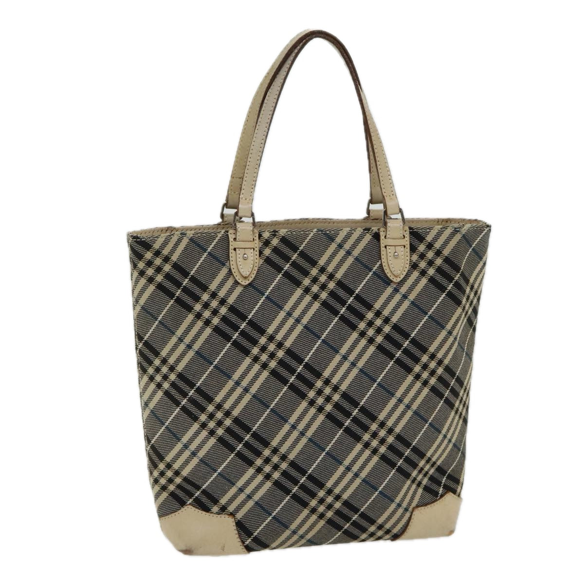 BURBERRY Nova Check Blue Label Tote Bag Canvas Navy Silver Silver Auth bs16583