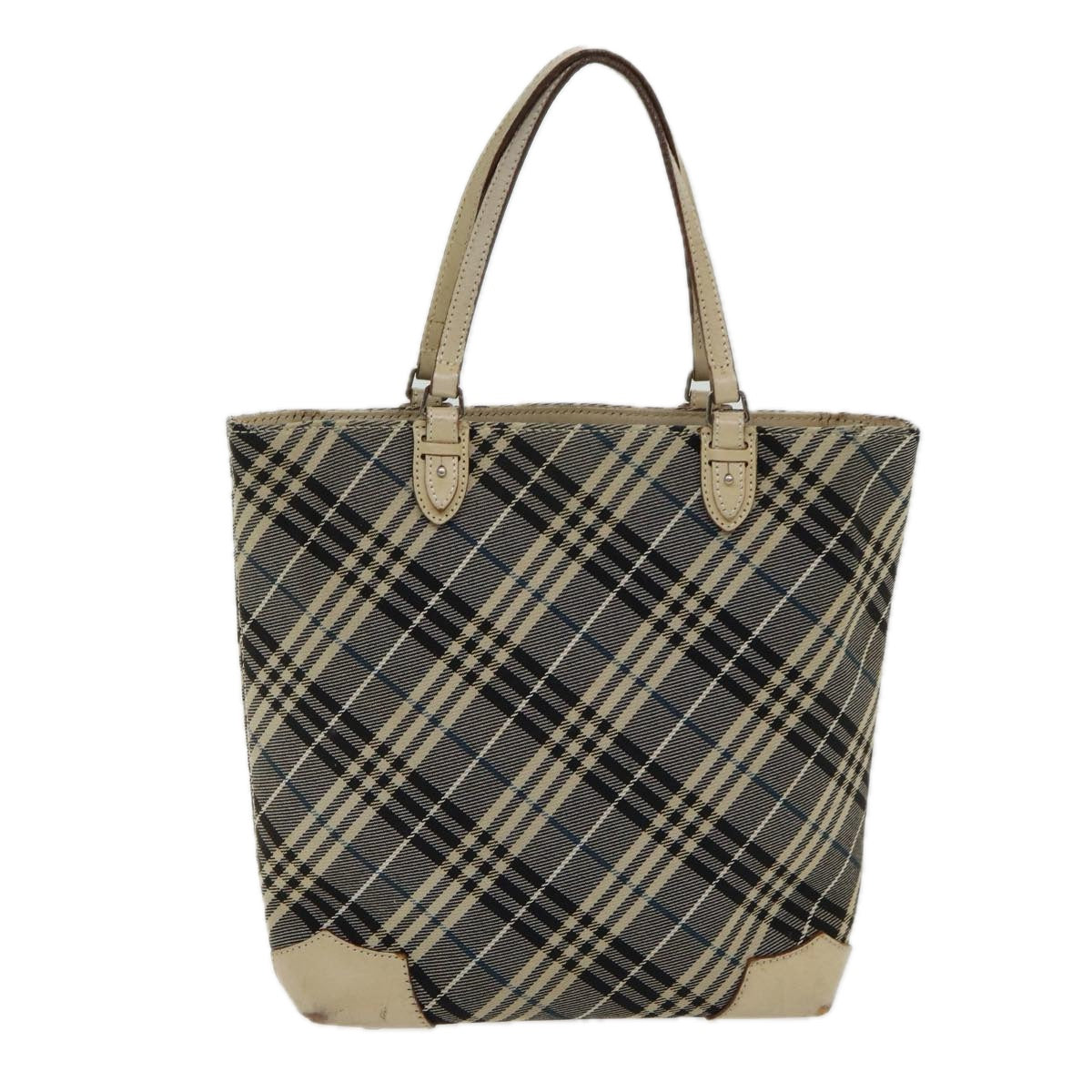 BURBERRY Nova Check Blue Label Tote Bag Canvas Navy Silver Silver Auth bs16583