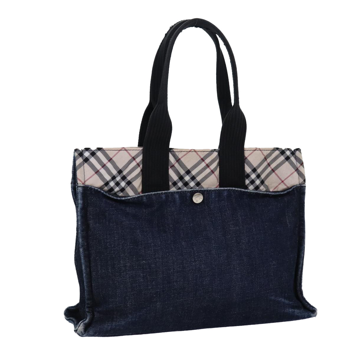 BURBERRY Nova Check Blue Label Tote Bag Denim Beige Navy Silver Auth bs16584