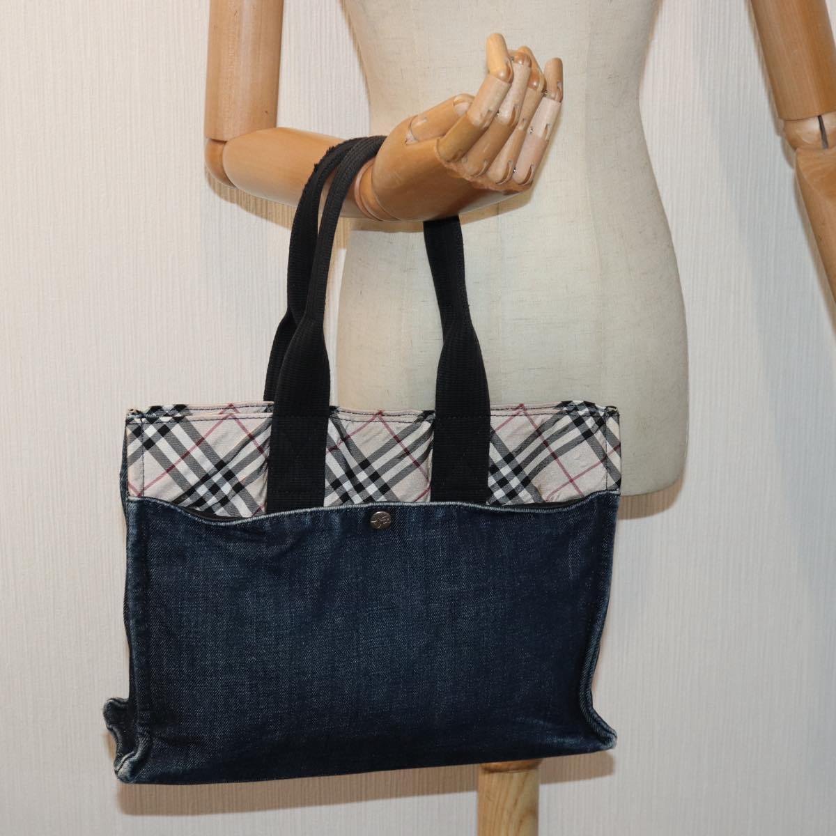 BURBERRY Nova Check Blue Label Tote Bag Denim Beige Navy Silver Auth bs16584