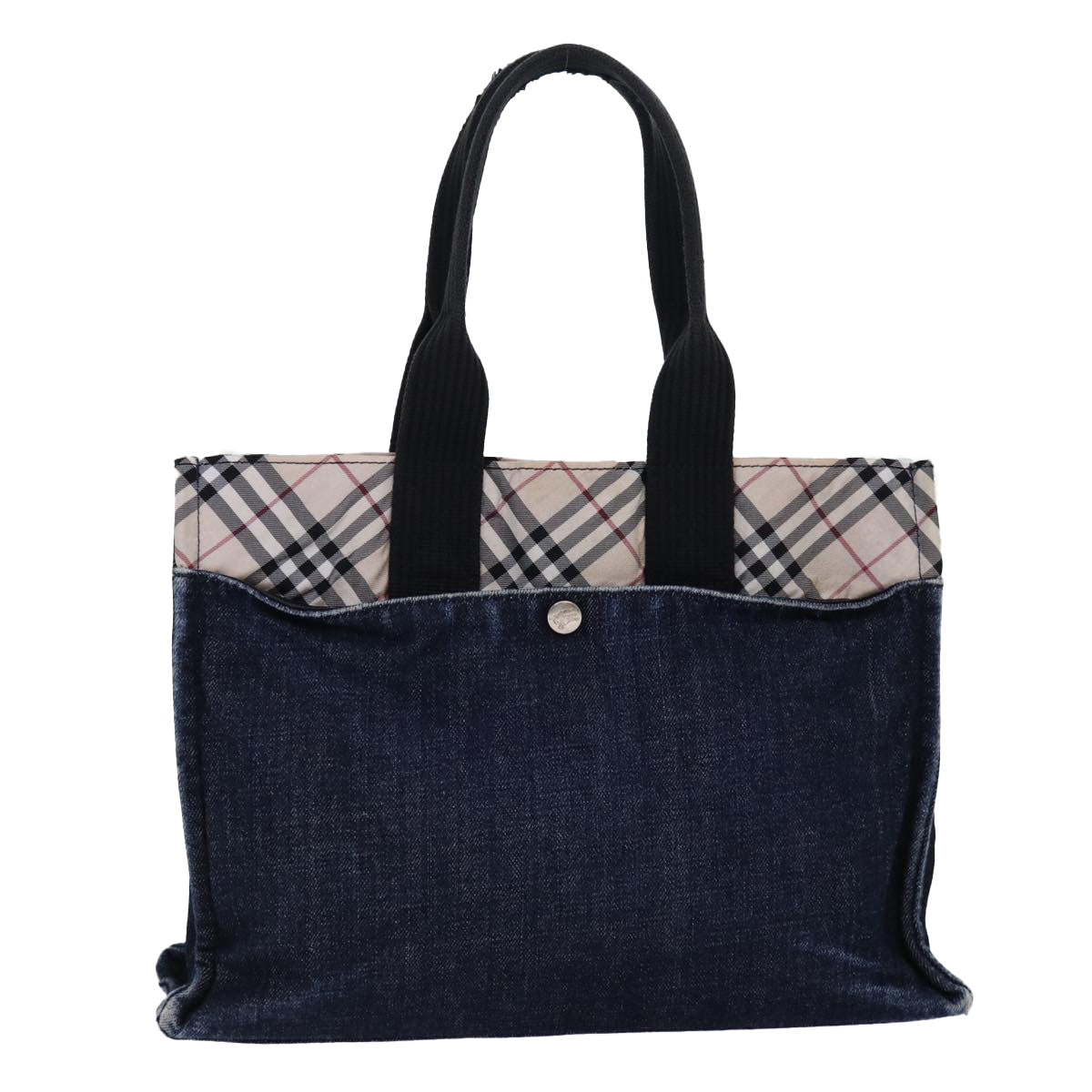 BURBERRY Nova Check Blue Label Tote Bag Denim Beige Navy Silver Auth bs16584