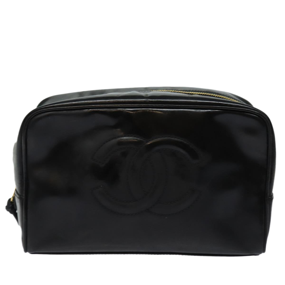 CHANEL COCO Mark Vanity Cosmetic Pouch Enamel Black Gold CC Auth bs16594