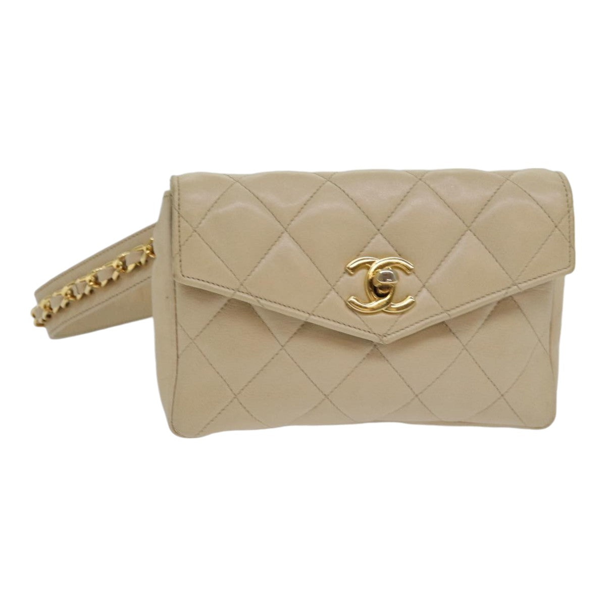 CHANEL Matelasse Waist bag Lamb Skin Beige CC Auth bs16597