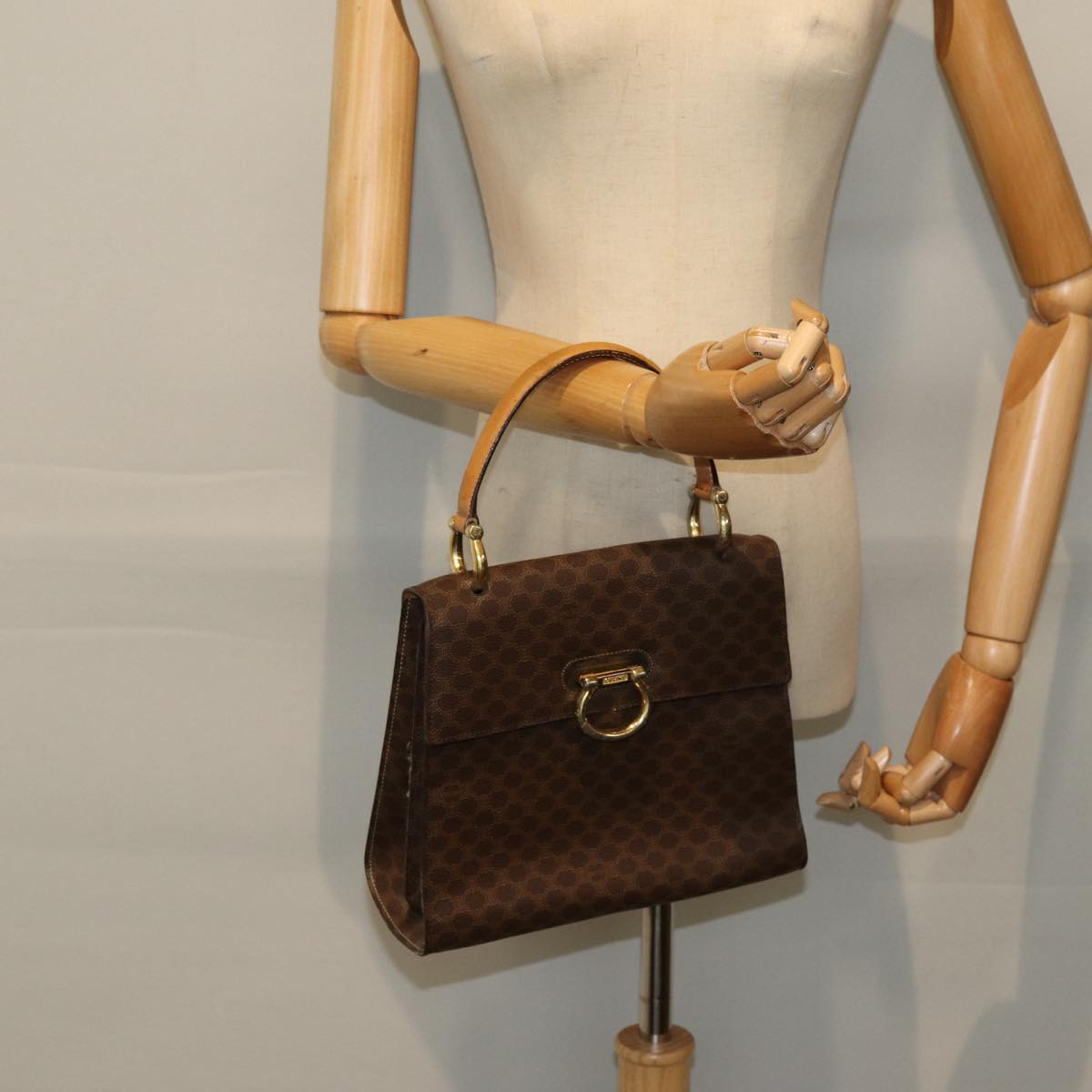 CELINE Macadam Canvas Hand Bag PVC Leather Brown Gold Auth bs16599