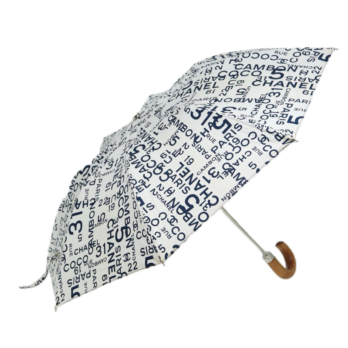 CHANEL Bycy folding Umbrella Cotton Wood White Navy CC Auth bs16603