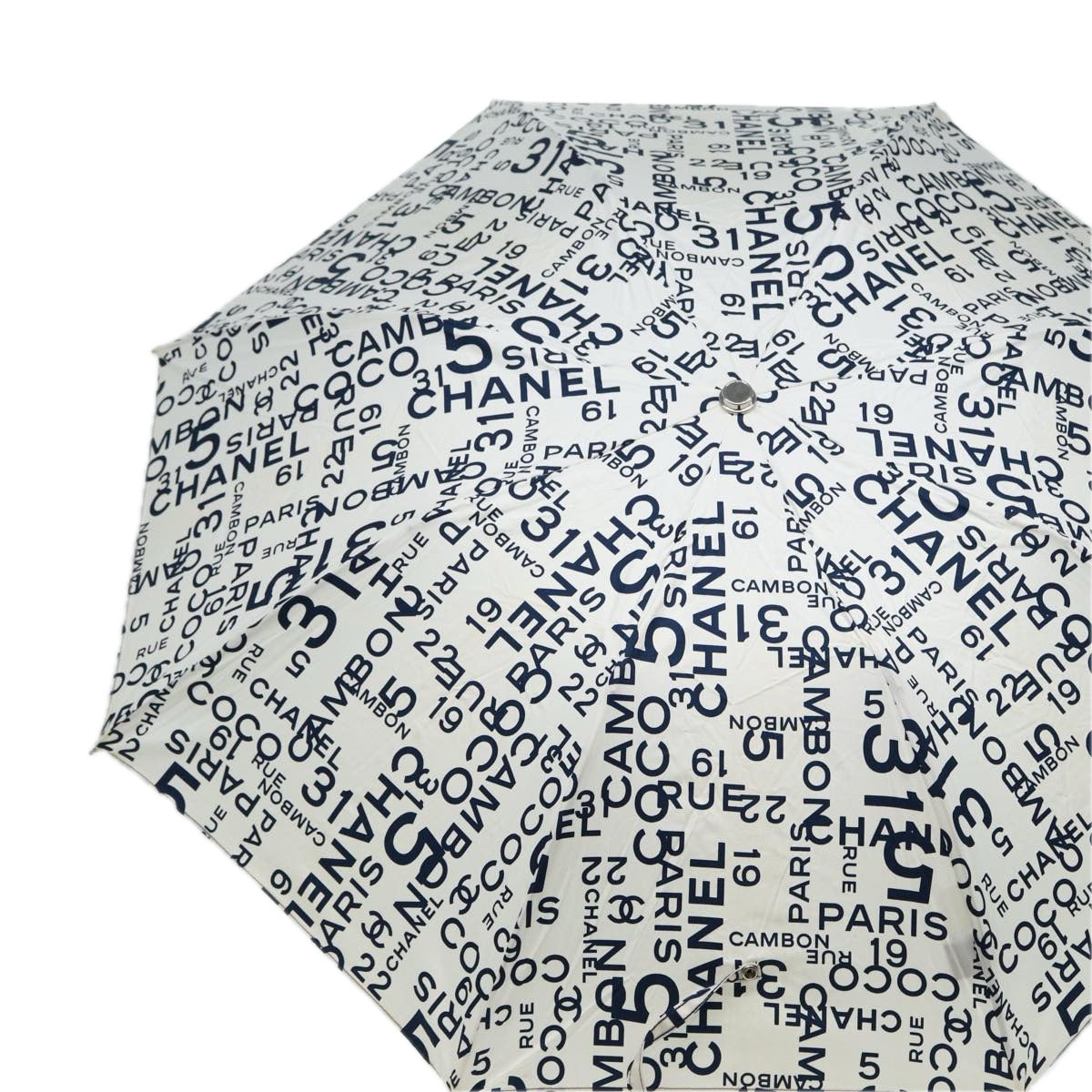 CHANEL Bycy folding Umbrella Cotton Wood White Navy CC Auth bs16603 - 0