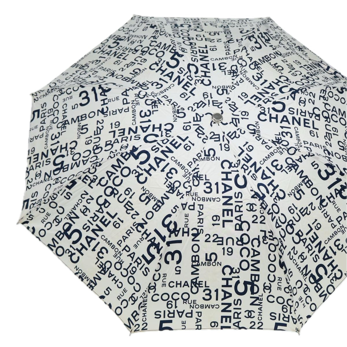 CHANEL Bycy folding Umbrella Cotton Wood White Navy CC Auth bs16603