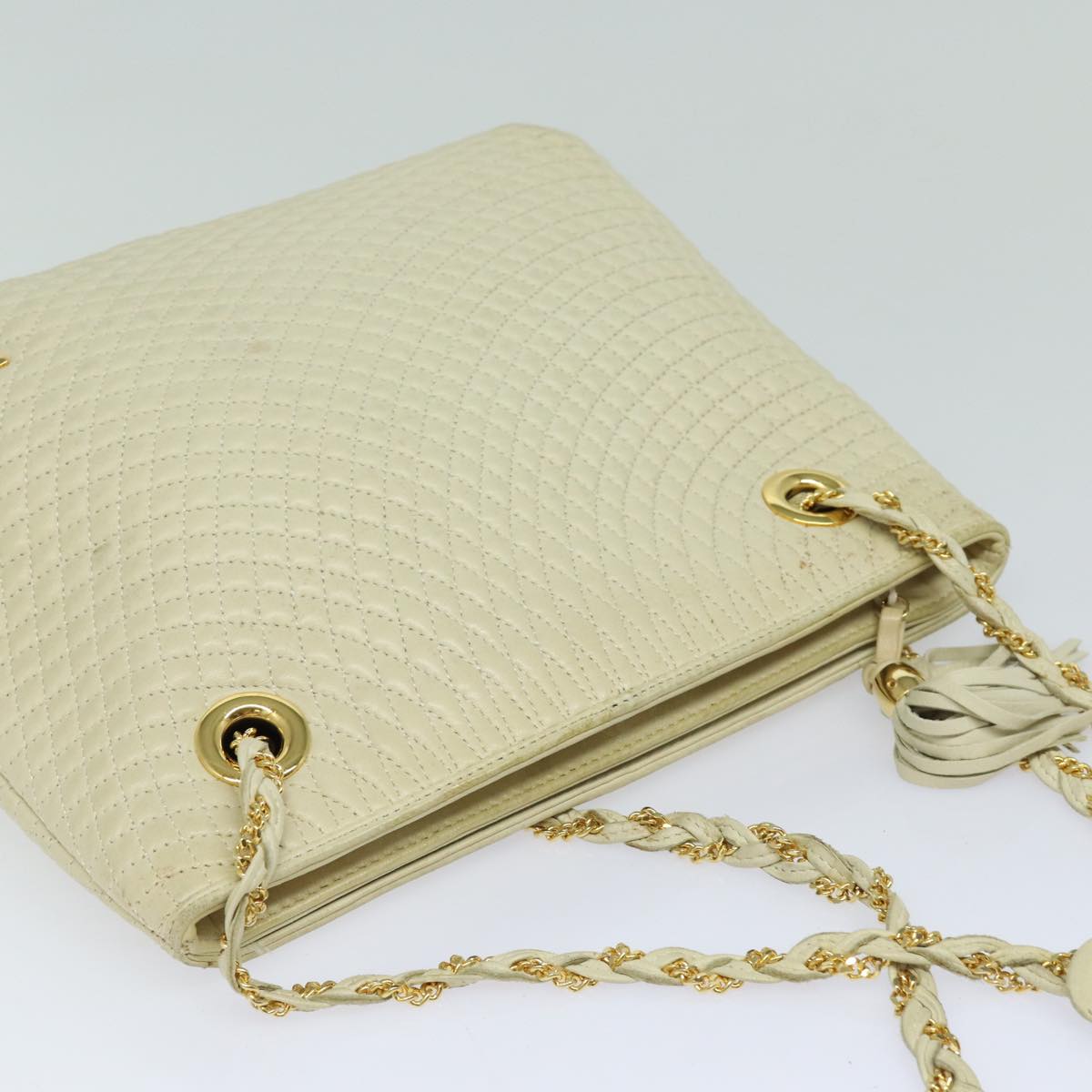 BALLY Chain Shoulder Bag Leather Beige Gold Auth bs16625