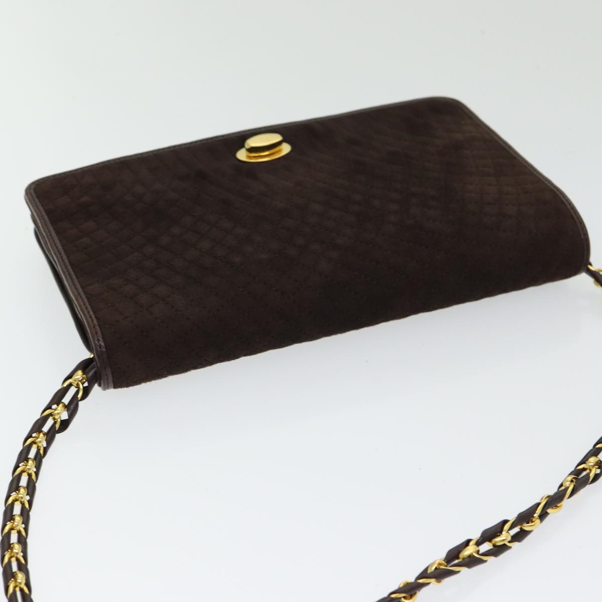 BALLY Chain Shoulder Bag Suede Brown Gold Auth bs16632