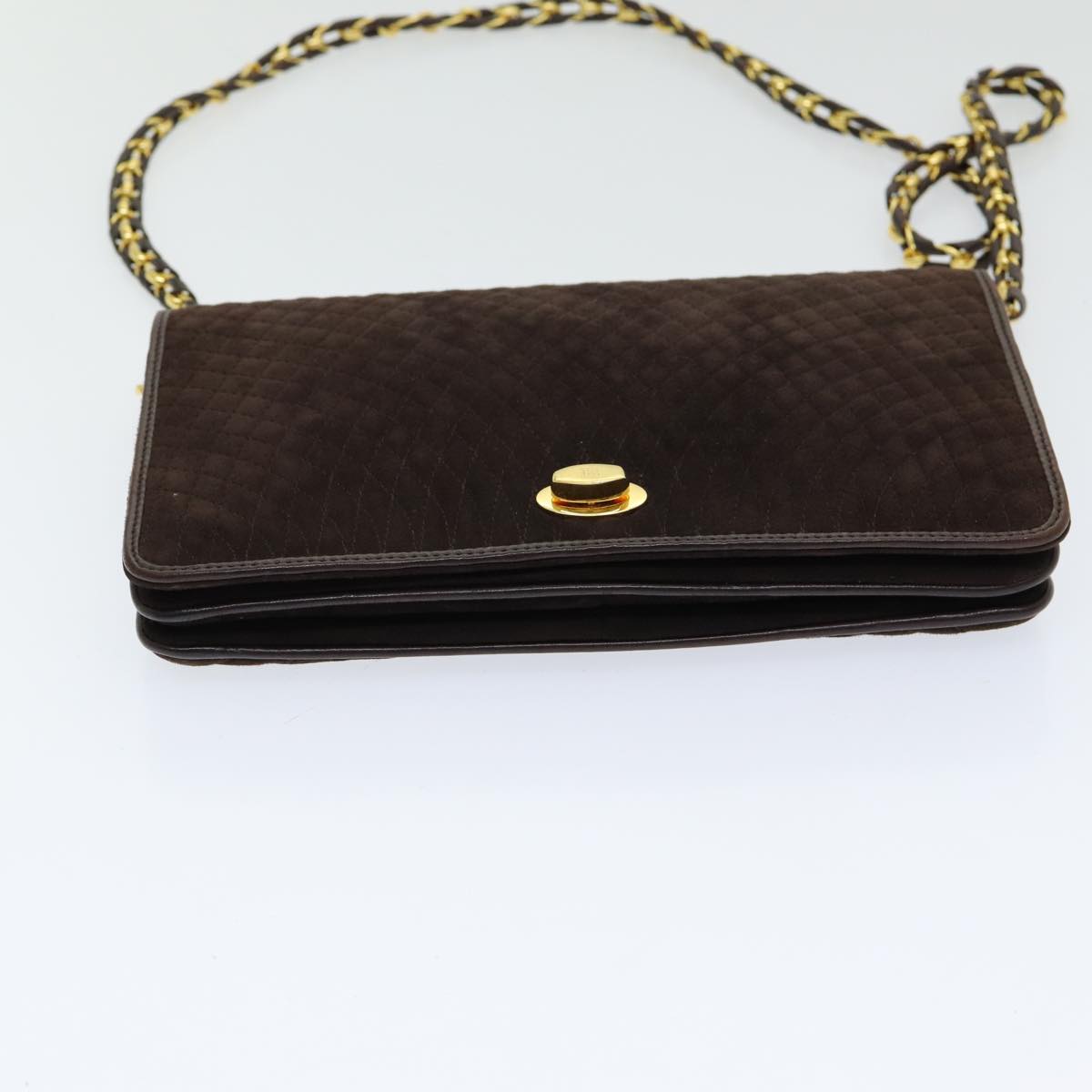 BALLY Chain Shoulder Bag Suede Brown Gold Auth bs16632